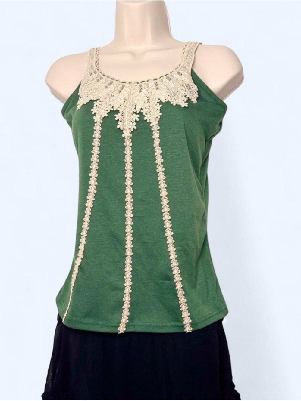 Fairycore Green Tank Top with Cream Crochet Trim - Picture 5 of 6